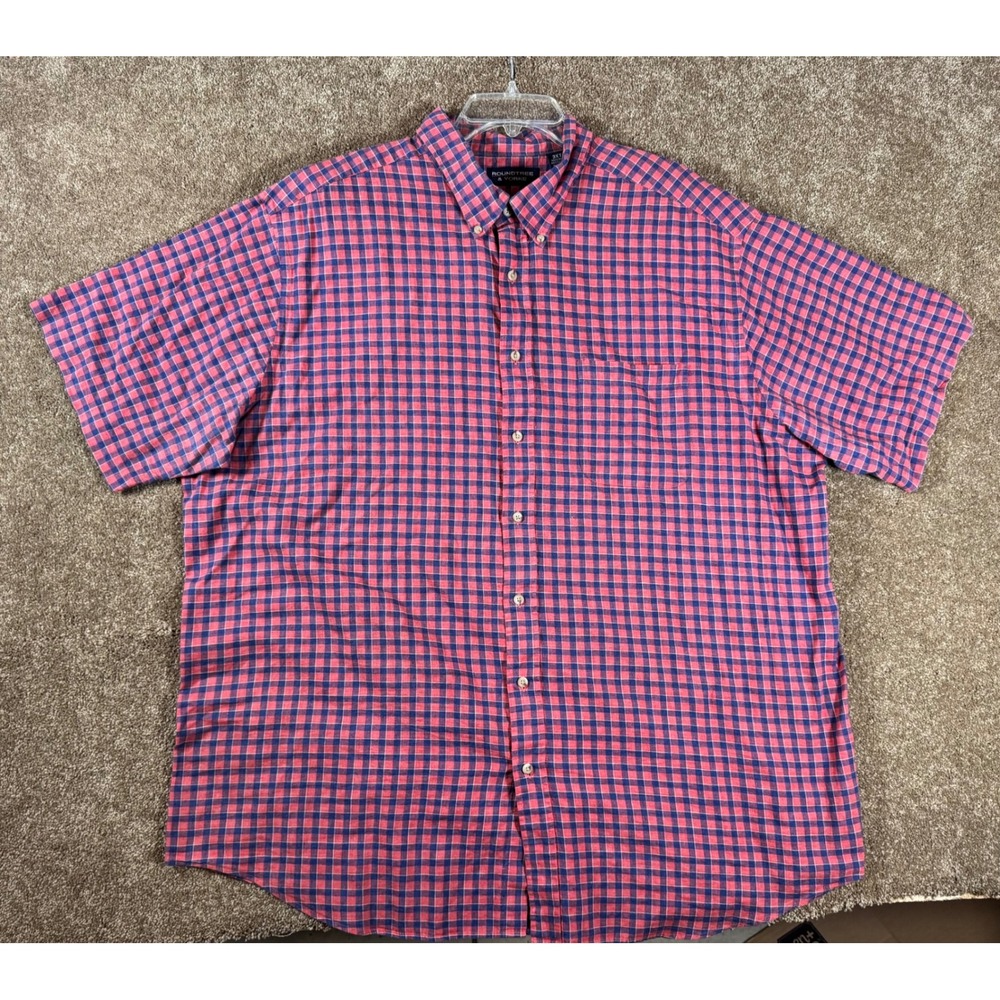 Roundtree & Yorke Men's 3XT‎ Linen Blend Plaid Short Sleeve Button Down Red Blue